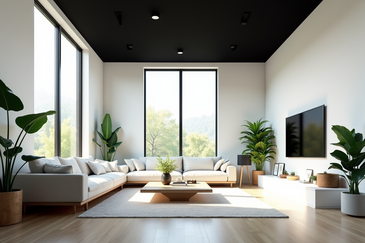 Salon moderne avec plafond noir et grande luminosite