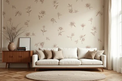 Salon moderne avec papier peint motif beige botanique et meuble en noyer chaud sur parquet en chêne