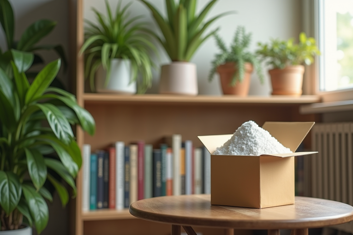 Salon cosy avec plantes vertes et bicarbonate en boîte