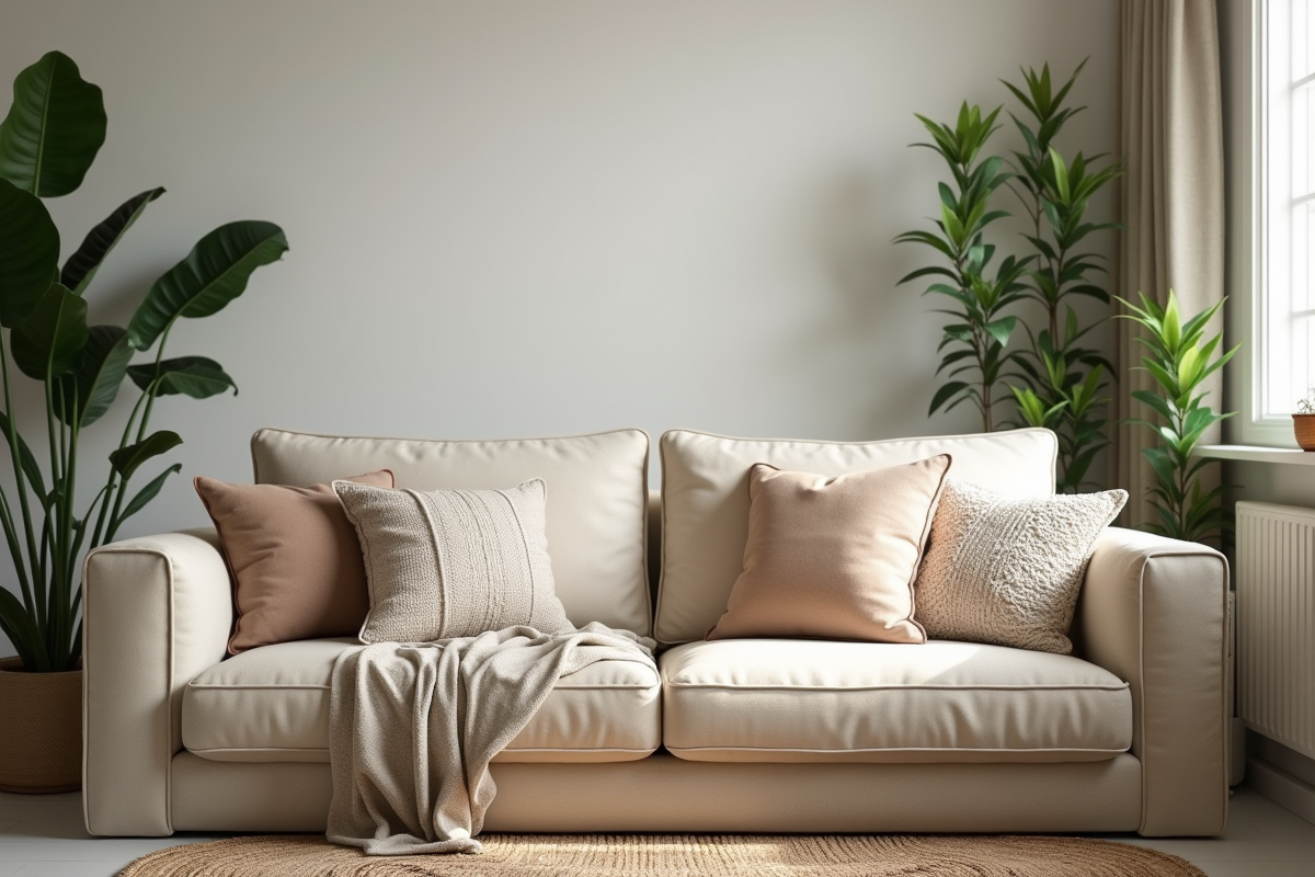 Salon scandinave avec canapé beige et coussins neutres