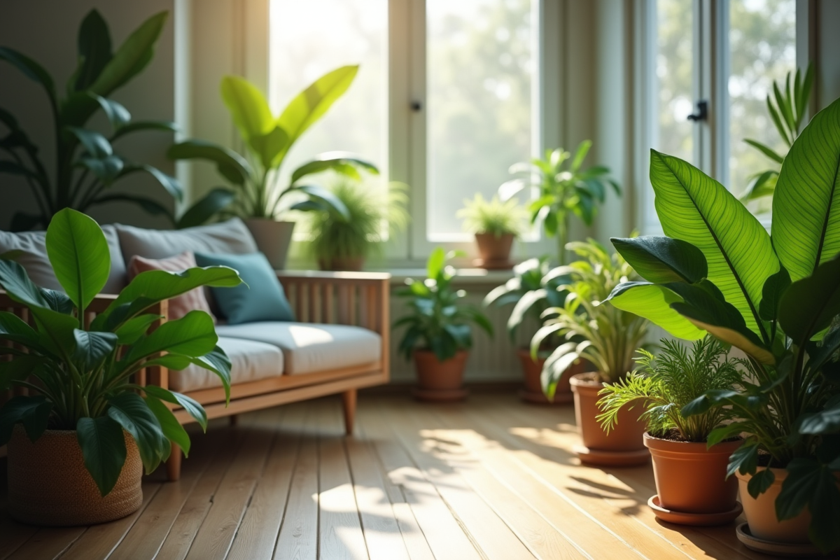 Salon moderne avec plantes vertes lumineuses
