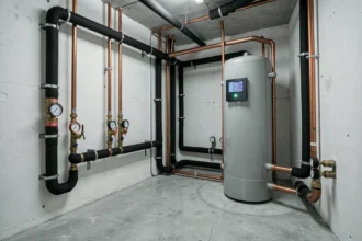 Schéma hydraulique réel d'une pompe à chaleur avec ballon tampon dans une chaufferie moderne, montrant la tuyauterie en cuivre et les vannes de régulation