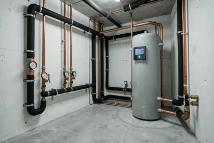Schéma hydraulique réel d'une pompe à chaleur avec ballon tampon dans une chaufferie moderne, montrant la tuyauterie en cuivre et les vannes de régulation