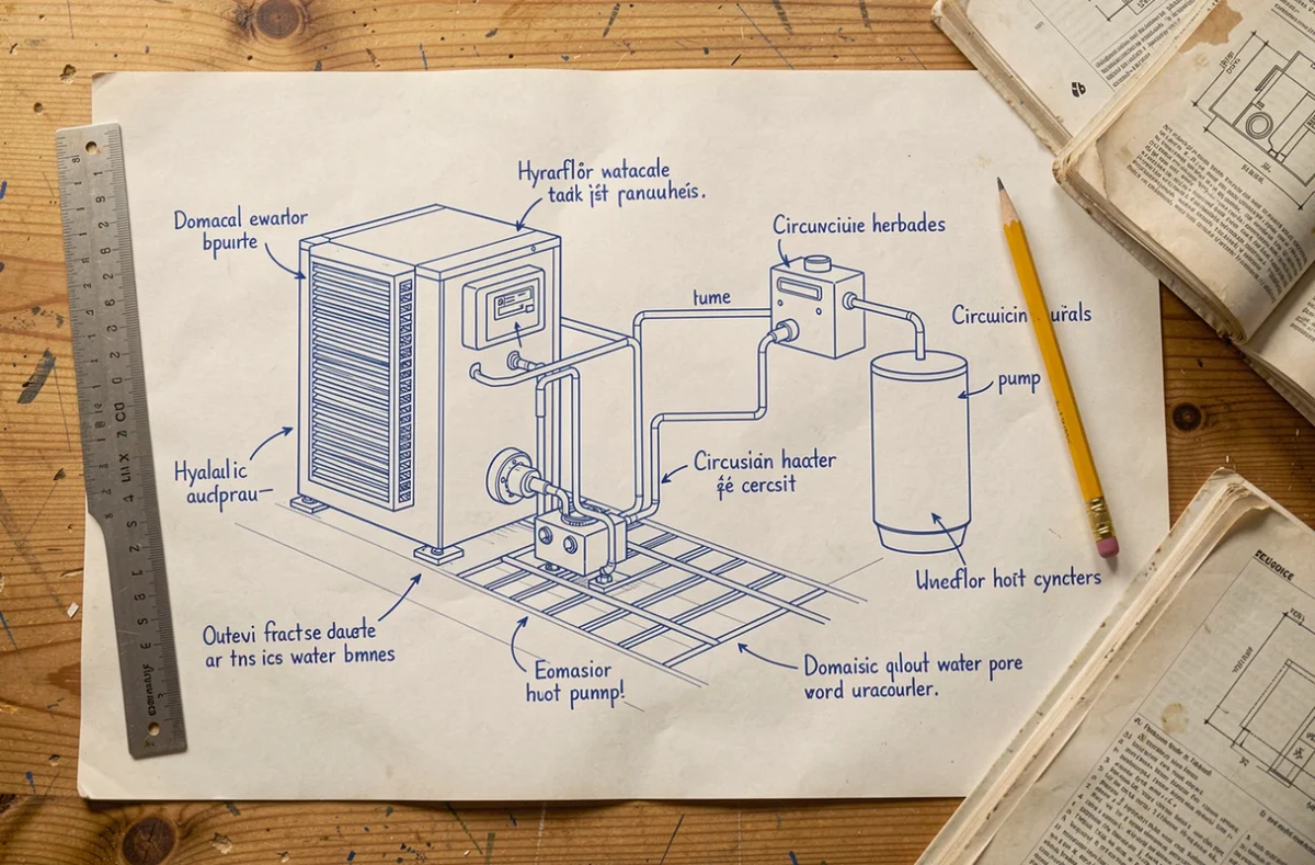 Schéma technique d'installation d'une pompe à chaleur air-eau avec composants étiquetés en français
