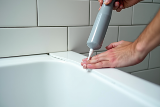 Main appliquant du silicone blanc dans une salle de bain moderne