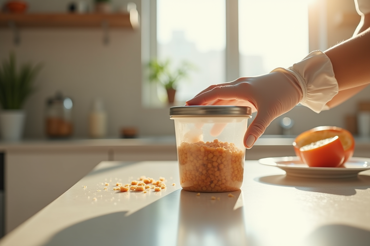 Mains en gants protégeant un aliment dans la cuisine pour éviter les nuisibles