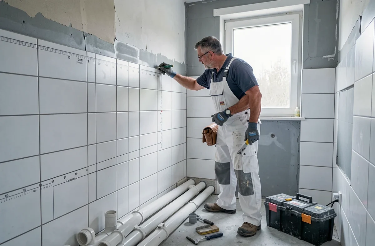 Installateur sanitaire de SNV Plomberie mesurant et posant des canalisations dans une salle de bain du Calaisis