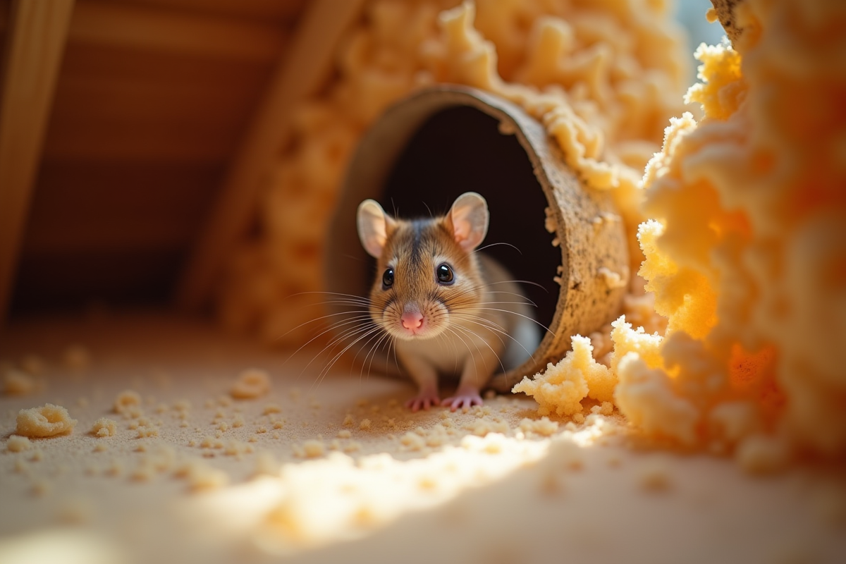 Souris curieuse regardant depuis un trou dans l'isolation en cellulose