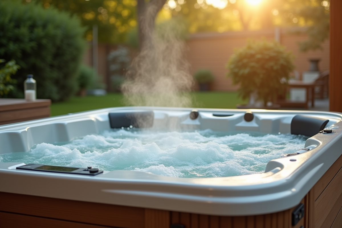 Bain à remous moderne dans un jardin ensoleille avec jets d'eau