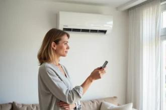 Femme réglant un split de pompe à chaleur air-air dans un salon moderne au design scandinave