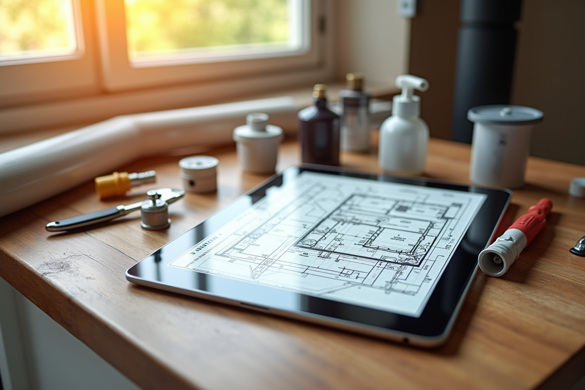 Tablette avec plan de plomberie et outils de rénovation