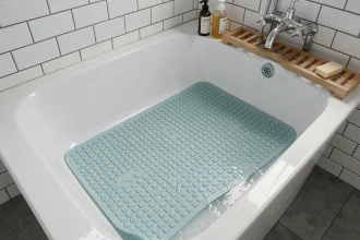 Tapis antidérapant en caoutchouc bleu placé dans une baignoire blanche avec ventouses visibles et surface texturée pour prévenir les chutes