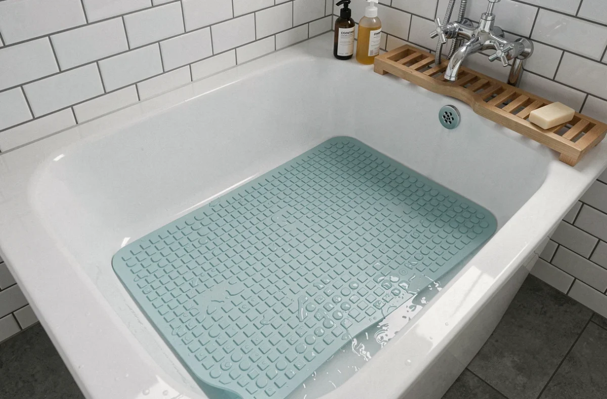 Tapis antidérapant en caoutchouc bleu placé dans une baignoire blanche avec ventouses visibles et surface texturée pour prévenir les chutes