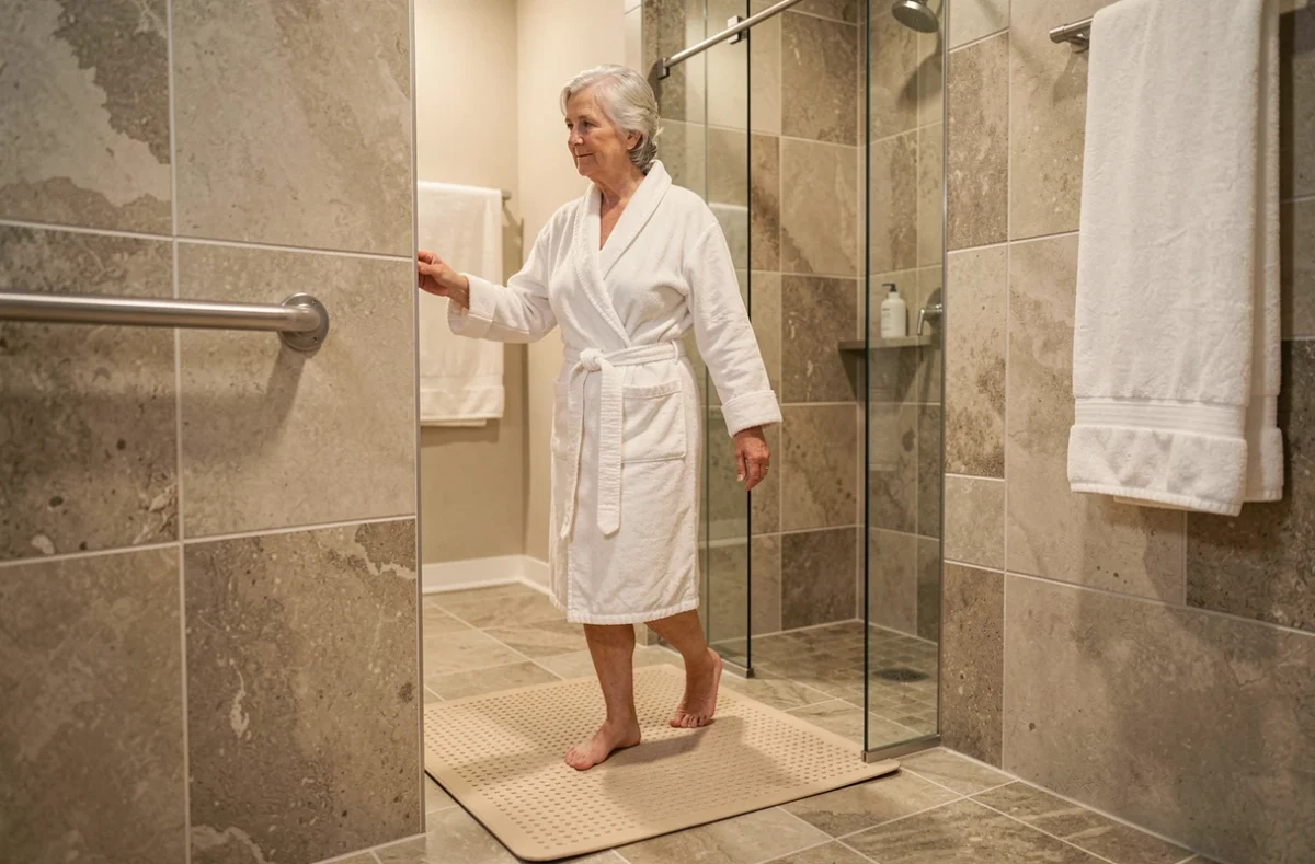 Femme âgée sortant d'une douche en sécurité grâce à un tapis antidérapant beige et une barre d'appui dans une salle de bain accessible