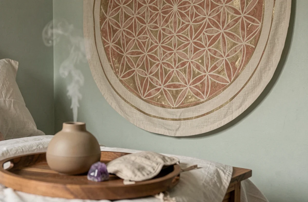 Détail d'une tapisserie mandala fleur de vie sur mur vert sauge avec accessoires bien-être sur table de chevet