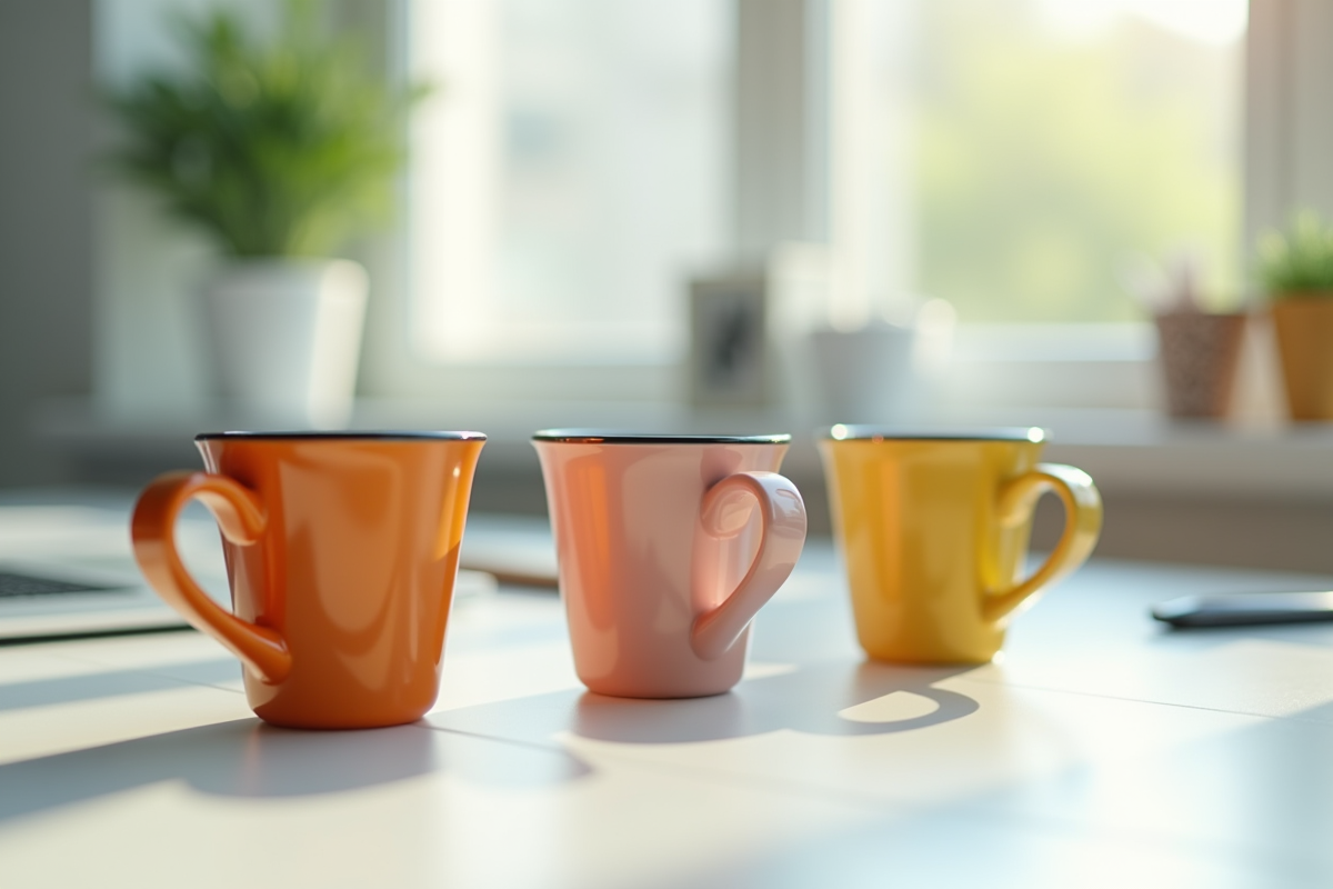 Tasses en céramique colorées sur un bureau lumineux