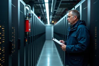Technicien inspectant un extincteur automatique électrique fixé au mur d'une salle serveur avec baies informatiques