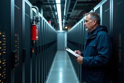 Technicien inspectant un extincteur automatique électrique fixé au mur d'une salle serveur avec baies informatiques