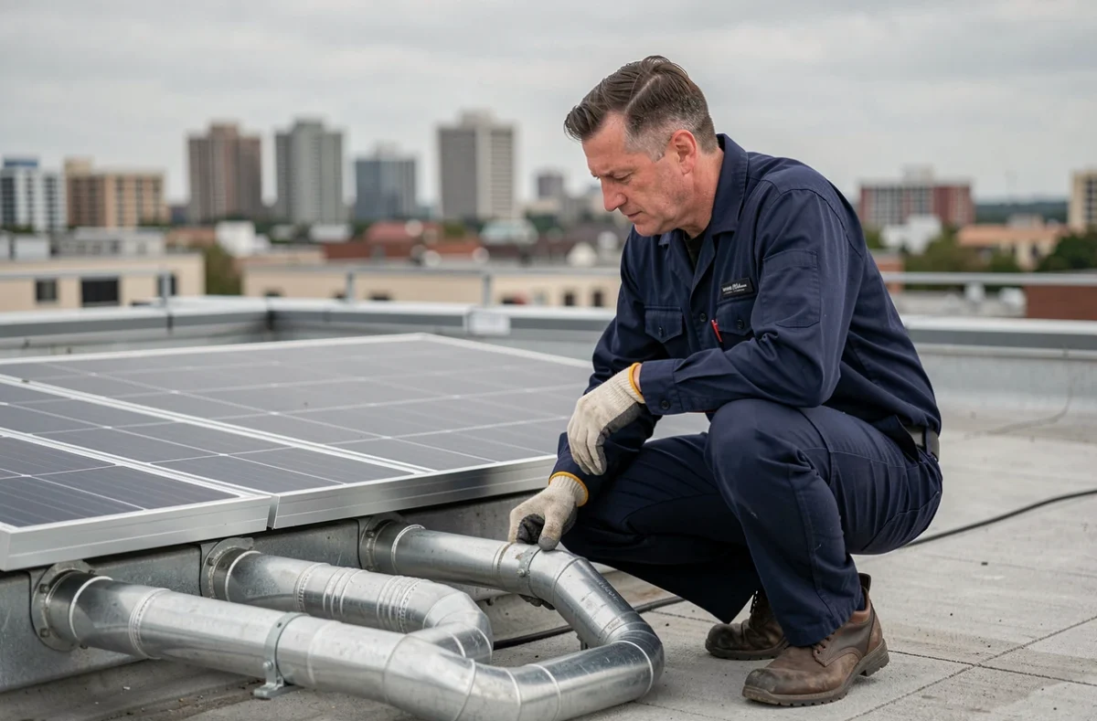 Technicien installant un panneau solaire à air chaud sur un toit plat commercial