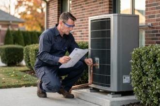 Technicien en chauffage inspectant le schéma d'installation d'une pompe à chaleur air-eau extérieure