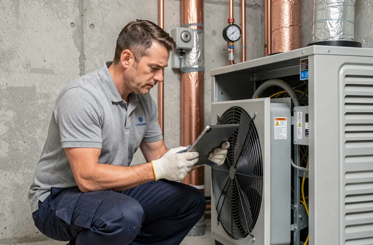 Technicien en chauffage inspectant une pompe à chaleur Vaillant dans une chaufferie résidentielle