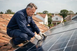 Technicien inspectant des panneaux solaires monocristallins sur le toit d'une maison individuelle en France