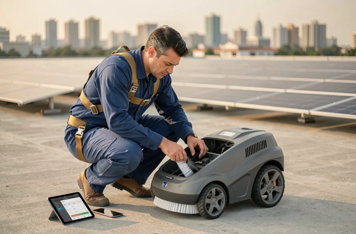 Technicien inspectant un robot de nettoyage de panneaux solaires sur un toit plat commercial