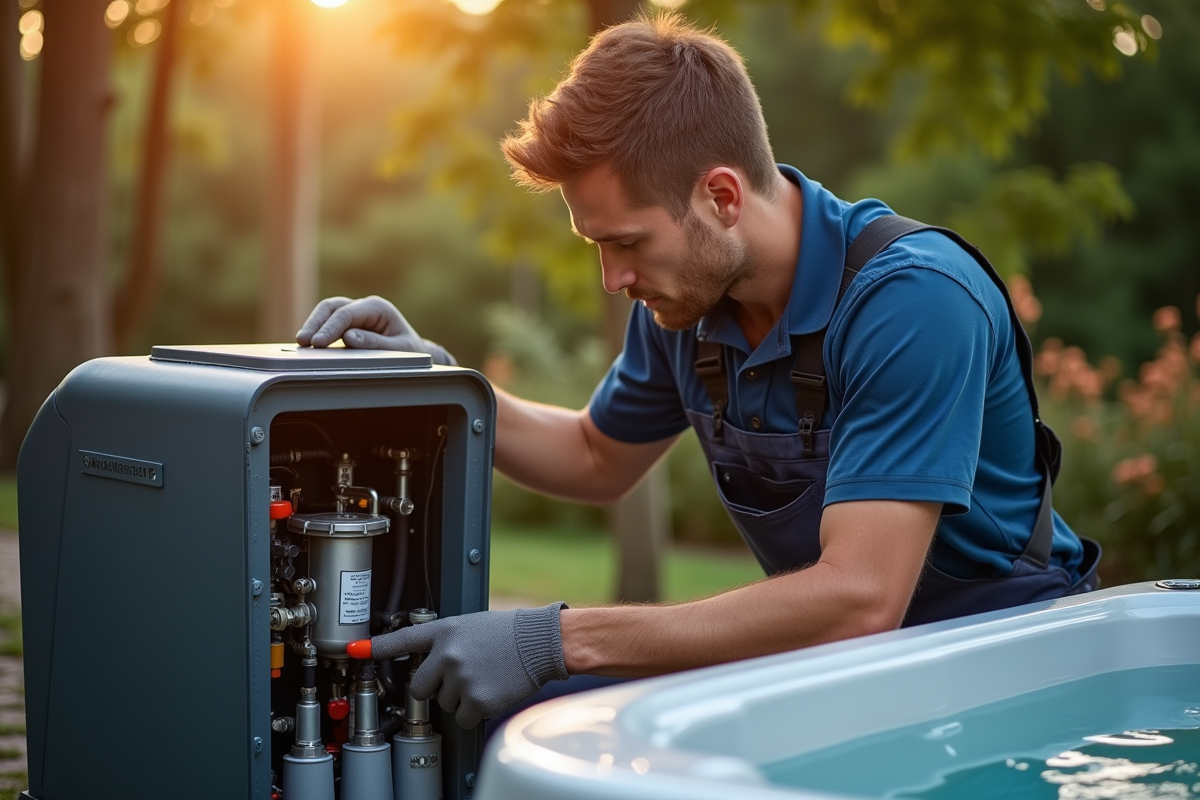 Technicien inspectant un chauffe-eau de spa en plein air le matin