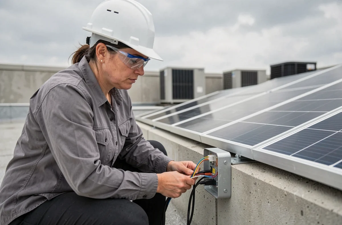 Femme technicienne connectant le câblage électrique d'un panneau solaire sur un toit terrasse urbain