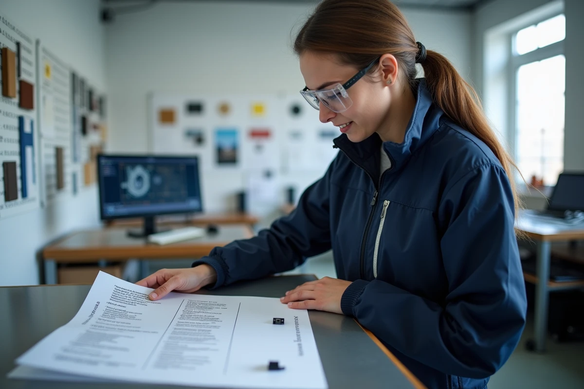 Jeune femme technicienne examinant un comparatif de techniques de collage plastique sur métal dans un studio de design industriel