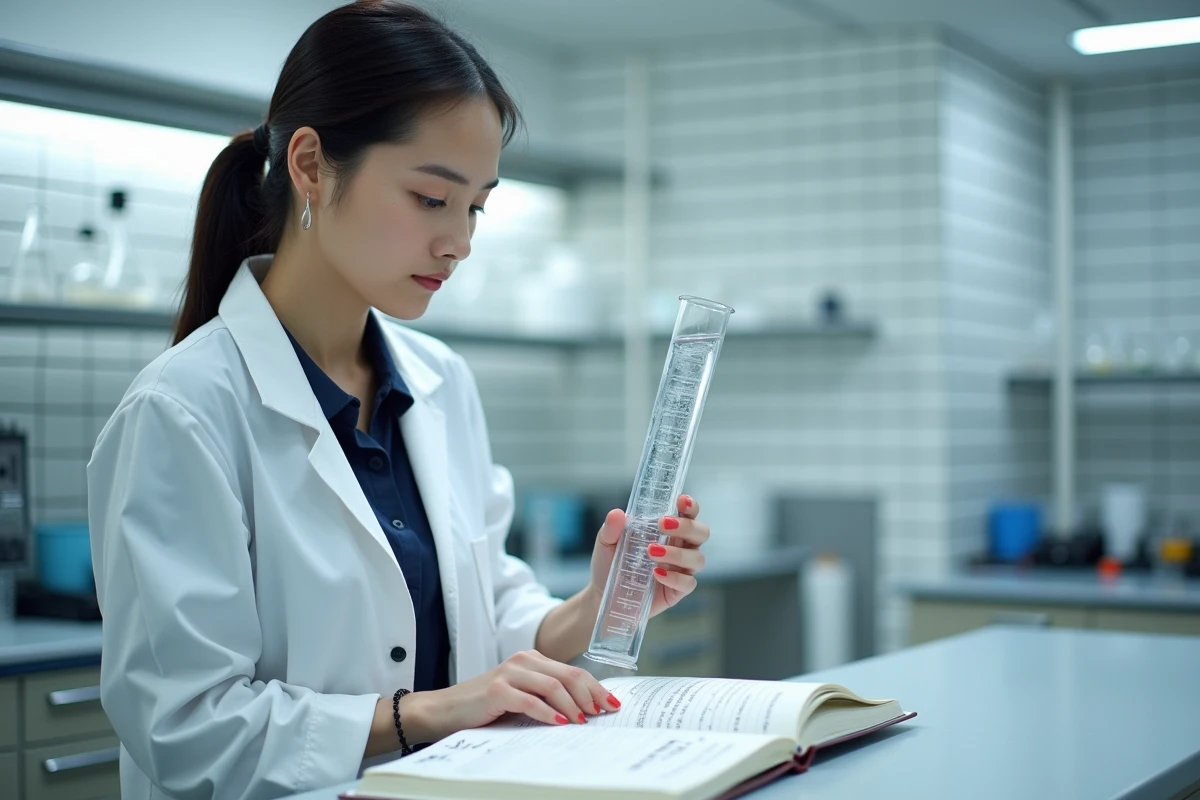 Technicienne de laboratoire convertissant des volumes en litres à partir de mesures en mètres cubes avec un cylindre gradué et des tables de conversion