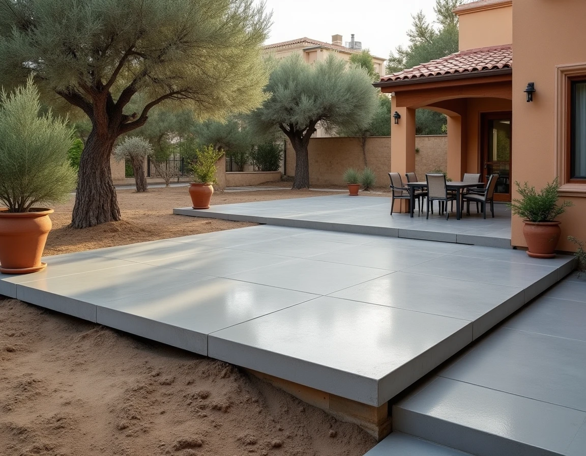 Terrasse en dalles b&eacute;ton pos&eacute;es &agrave; niveau sur terrain en pente avec rattrapage visible sur le bord, am&eacute;nagement ext&eacute;rieur m&eacute;diterran&eacute;en r&eacute;sidentiel termin&eacute;