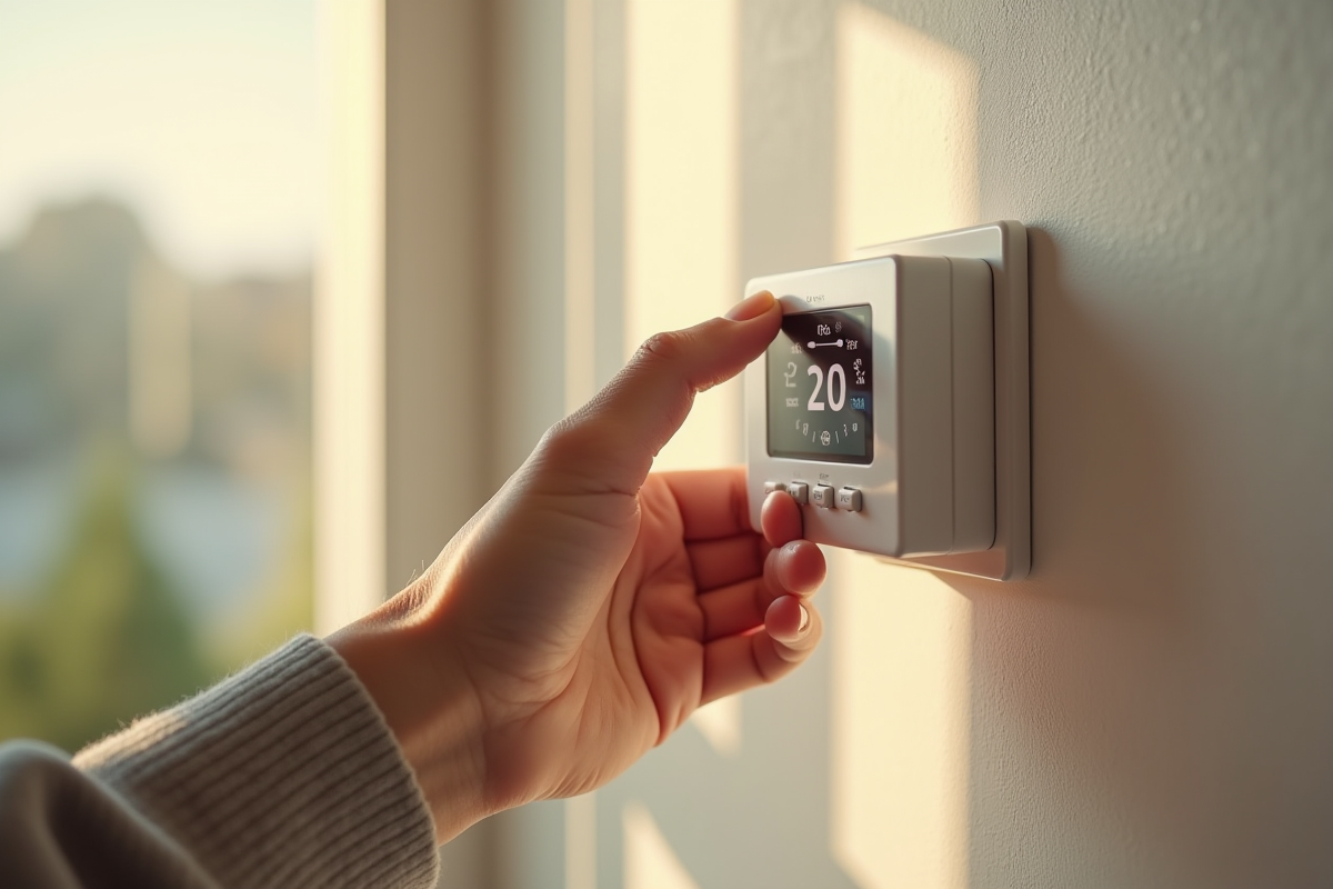 Homeowner ajustant un thermostat digital au matin