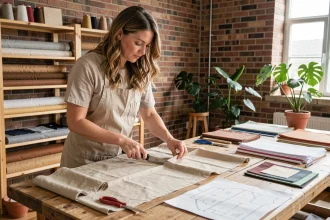 Femme artisane découpant un tissu coton enduit sur une table de couture en bois dans un atelier zéro déchet