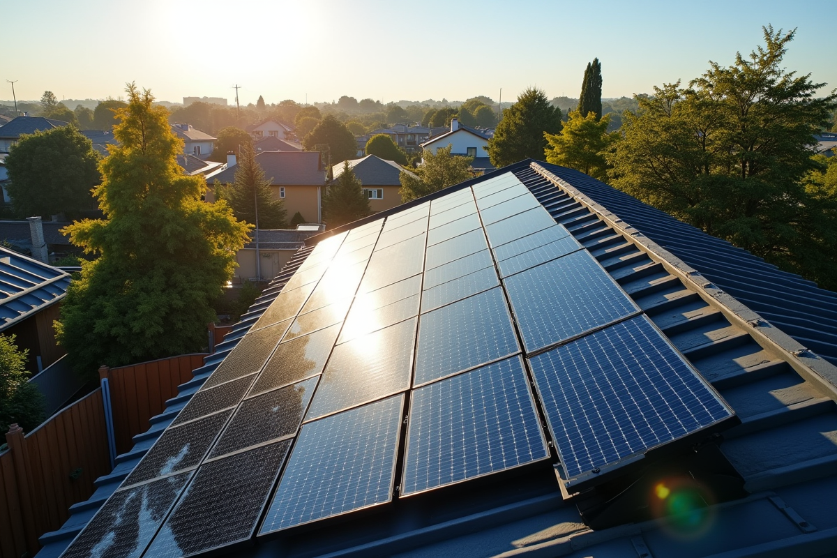 Toit moderne avec panneaux solaires en plein jour en banlieue