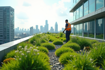 Toit végétal moderne en ville avec un ouvrier prenant soin des plantes