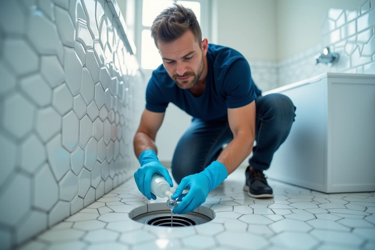 Homme traitant le siphon de salle de bain avec une solution nettoyante contre les moucherons