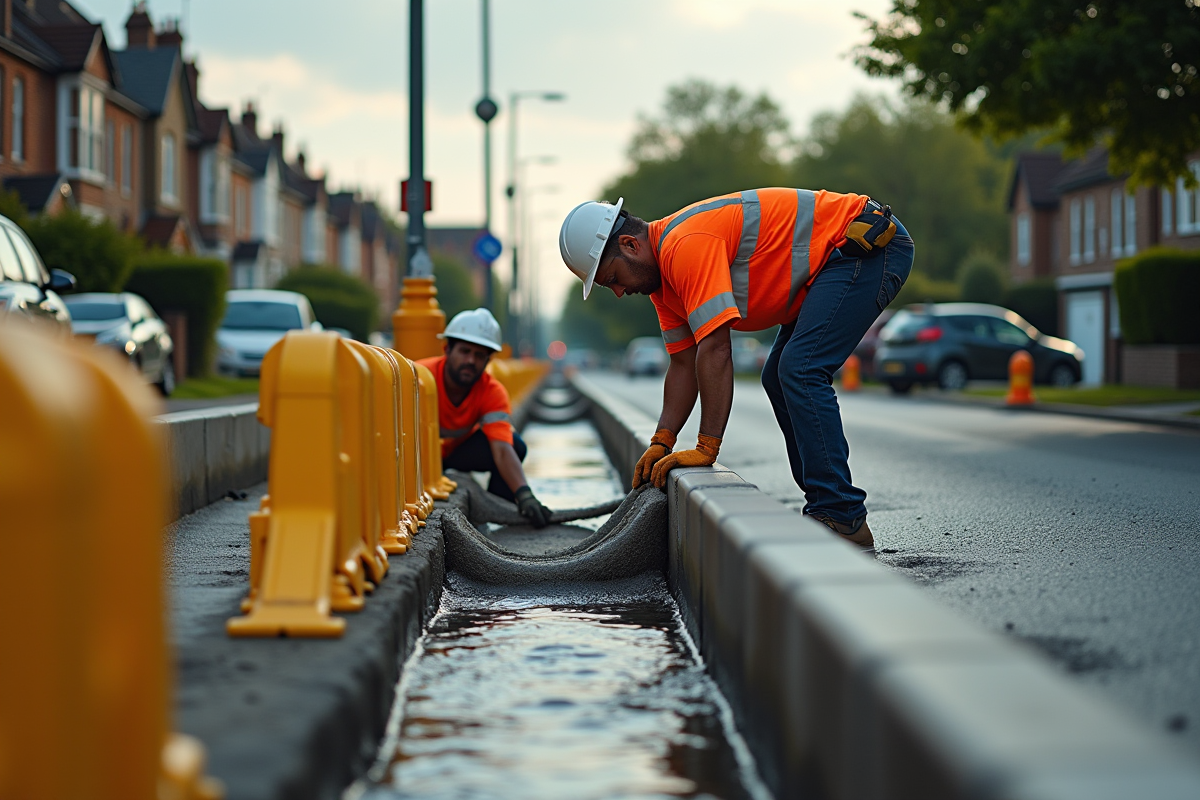 Équipe de travailleurs installant des barrages anti-inondation en journée
