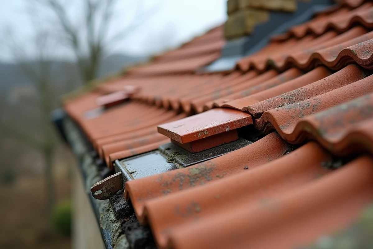 Tuile de ventilation canal intégrée dans une toiture en terre cuite avec fixations et accessoires visibles