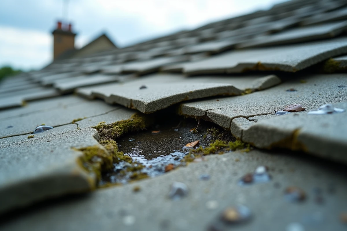 Gros plan sur des tuiles béton déplacées et tachées d'humidité avec infiltration et mousse sur toiture résidentielle