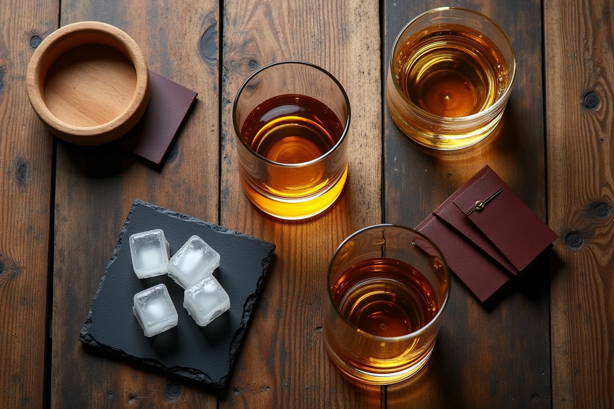 Vue de dessus de quatre types de verres à whiskey différents disposés sur une table en bois rustique