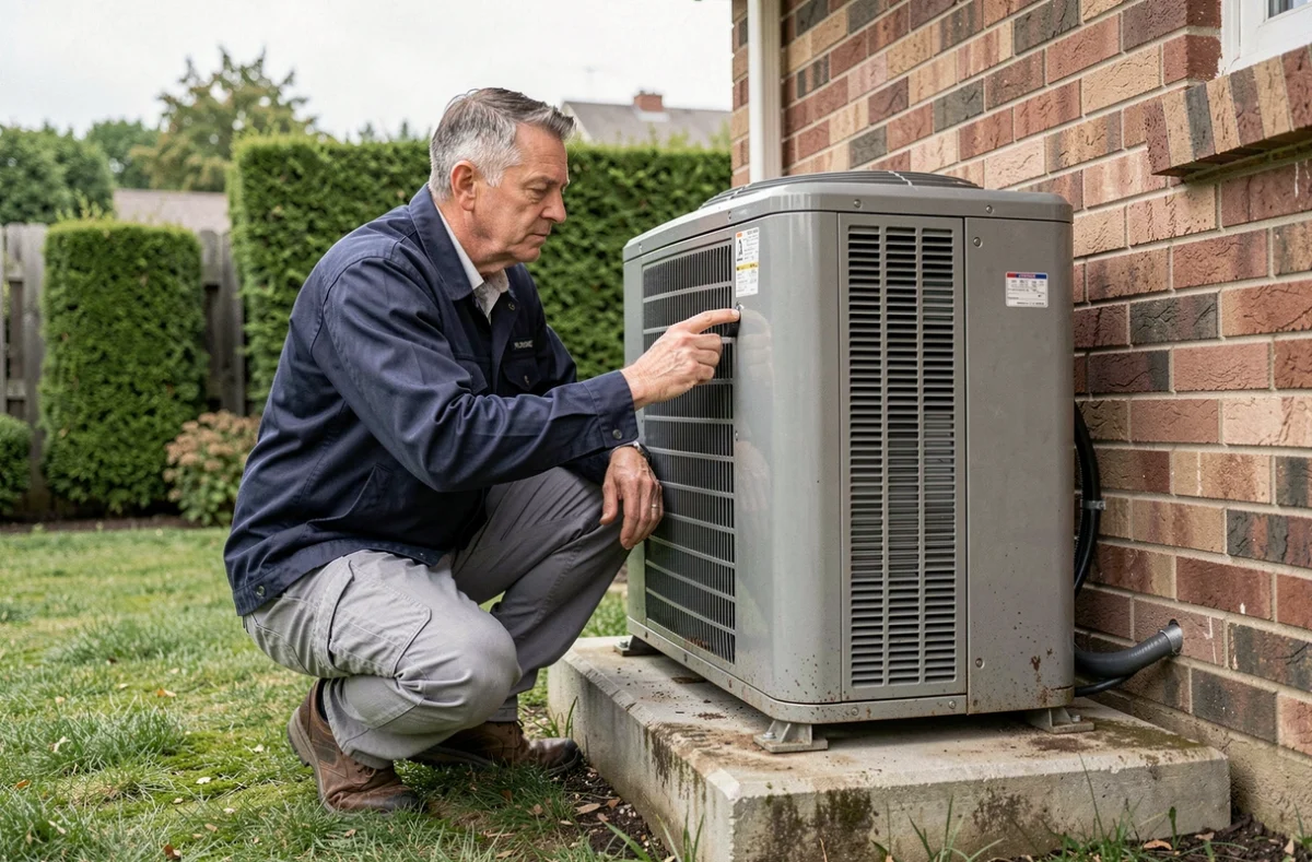 Technicien inspectant l'unité extérieure d'une pompe à chaleur air-air installée contre un mur de brique résidentiel