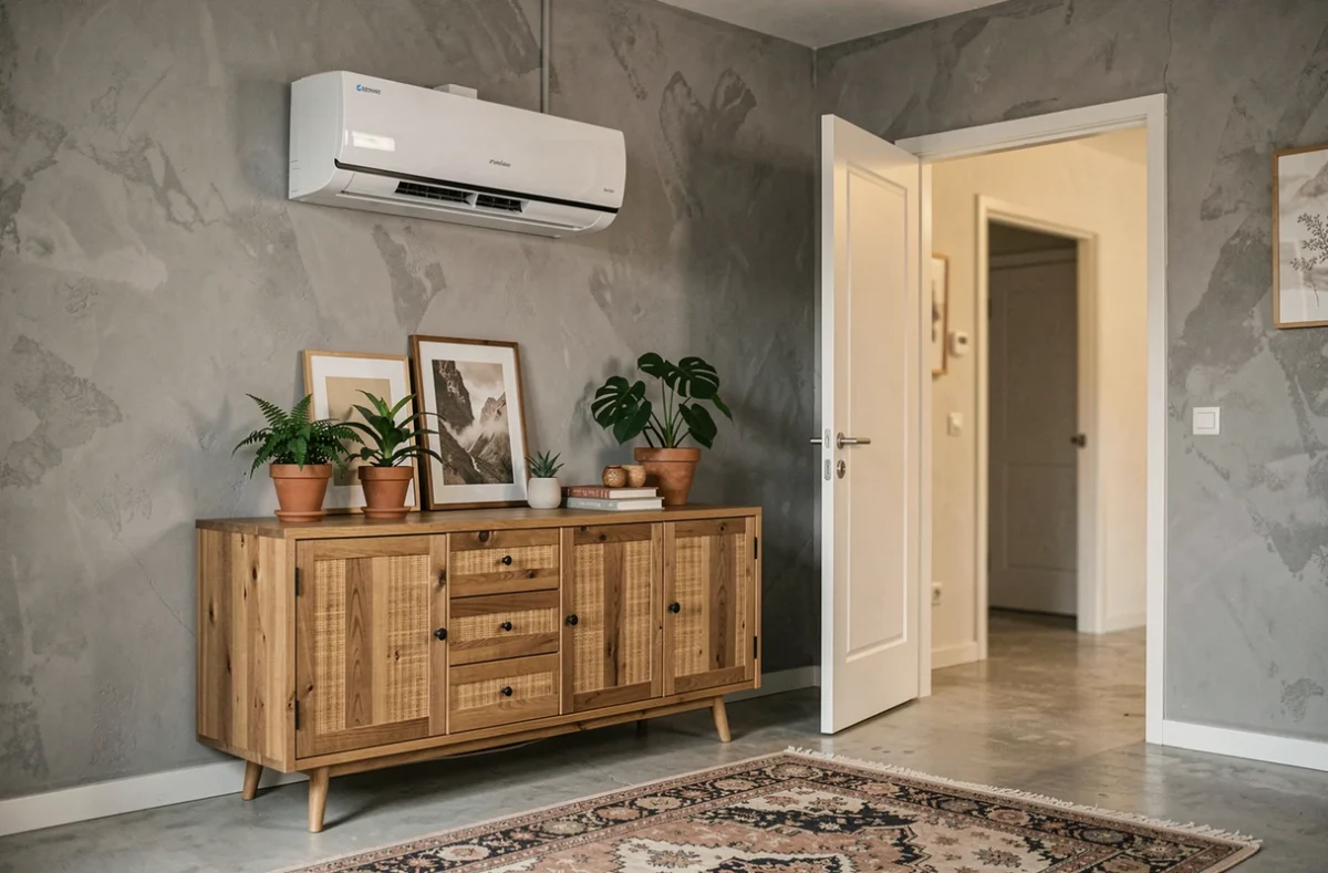 Unité intérieure de split air-air fixée au mur d'un appartement cosy avec décoration végétale et oeuvres d'art