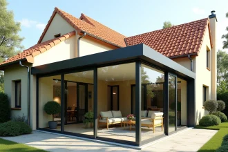 Véranda en aluminium et double vitrage de 40m2 accolée à une maison individuelle avec jardin paysagé