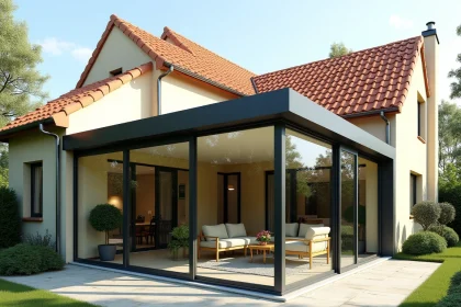 Véranda en aluminium et double vitrage de 40m2 accolée à une maison individuelle avec jardin paysagé