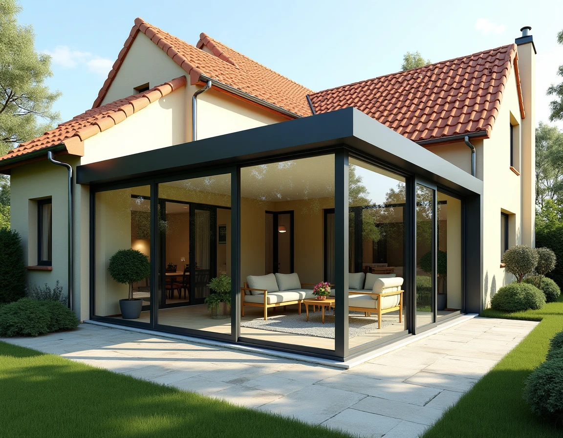 Véranda en aluminium et double vitrage de 40m2 accolée à une maison individuelle avec jardin paysagé