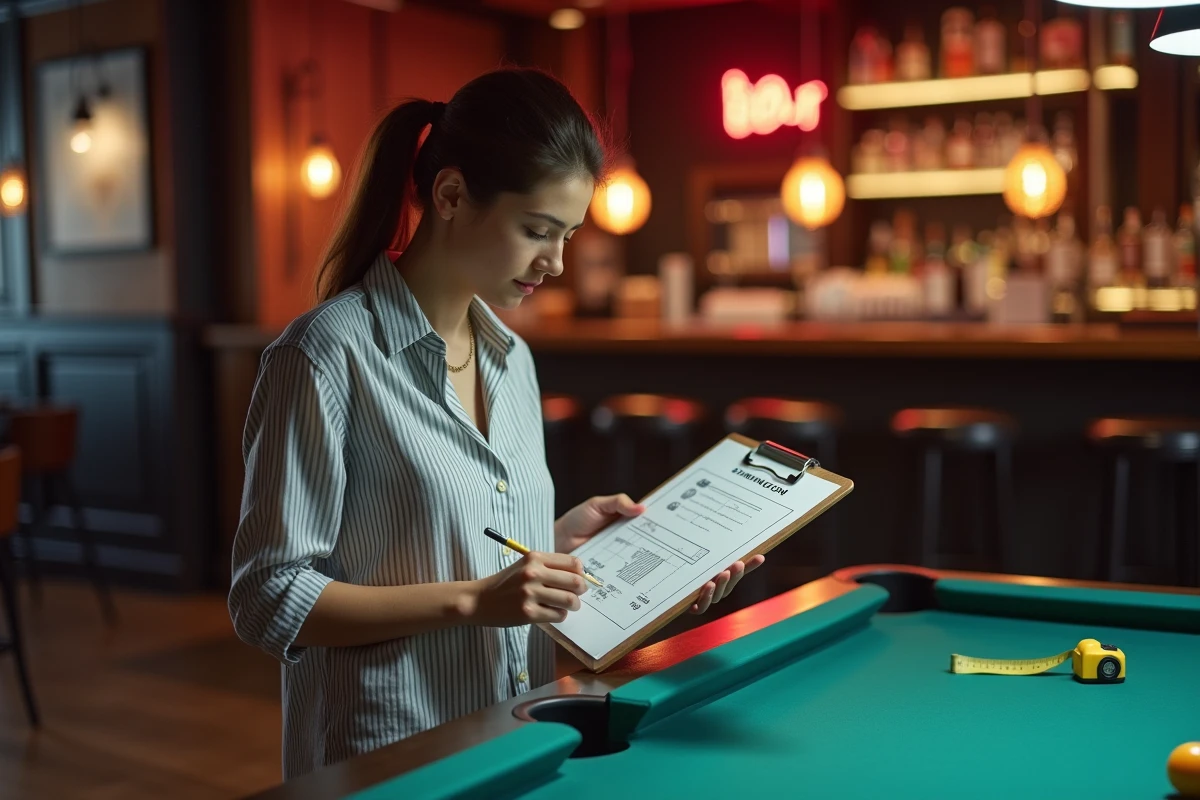 Femme consultant un schéma de dimensions de billard américain avec un presse-papiers dans un bar sportif