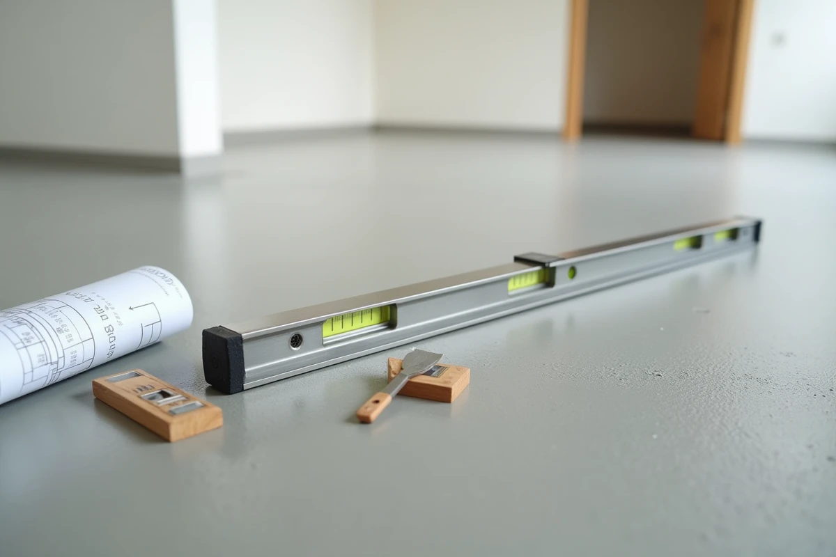 Niveau à bulle et outils de mesure posés sur une chape fraîche pour vérifier la planéité avant carrelage grand format