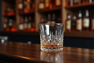 Verre à whiskey en cristal taillé posé sur un comptoir en noyer dans un bar traditionnel