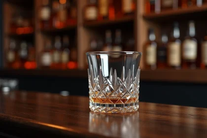 Verre à whiskey en cristal taillé posé sur un comptoir en noyer dans un bar traditionnel